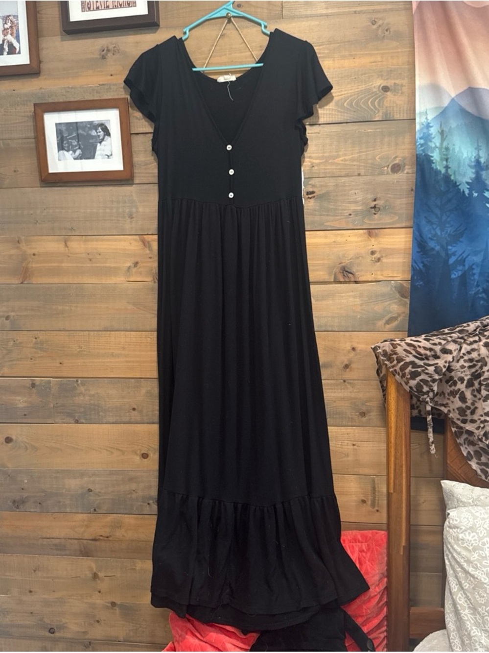 See You Monday Black V-Neck Maxi Dress with Button Front